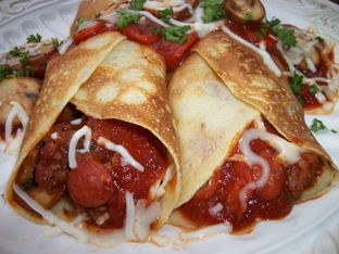 crepes with sausage, mushrooms and pepperoni
