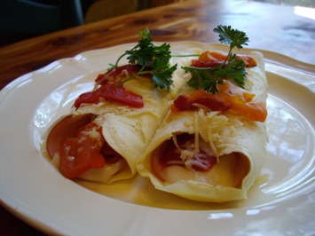 Ham and Cheese Crepes with Roasted Red Peppers