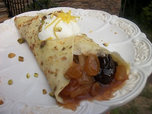 hot fruit compote recipe in pistachio crepes